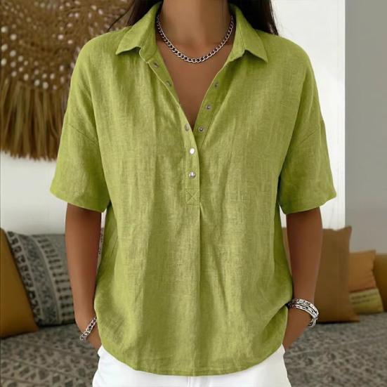 Women Shirt Lapel Buttons Half Placket Short Sleeves Casual Blouse Pure Color Loose Fit