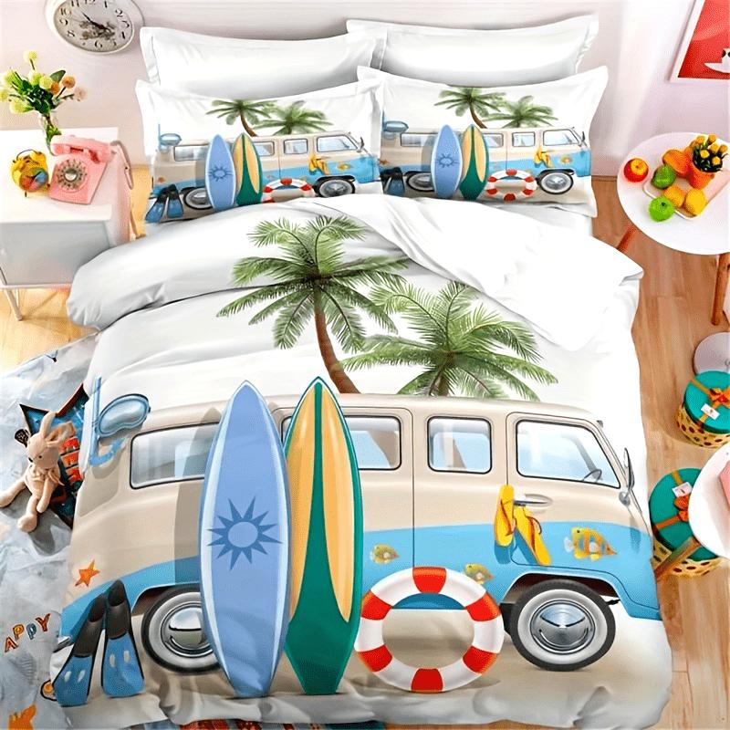 2/3pcs Camping Duvet Cover Set Bus Surfboard Palm Tree Bedding For Bedroom Bedding Set With 1 Duvet Cover And 1/2 Pillowcase
