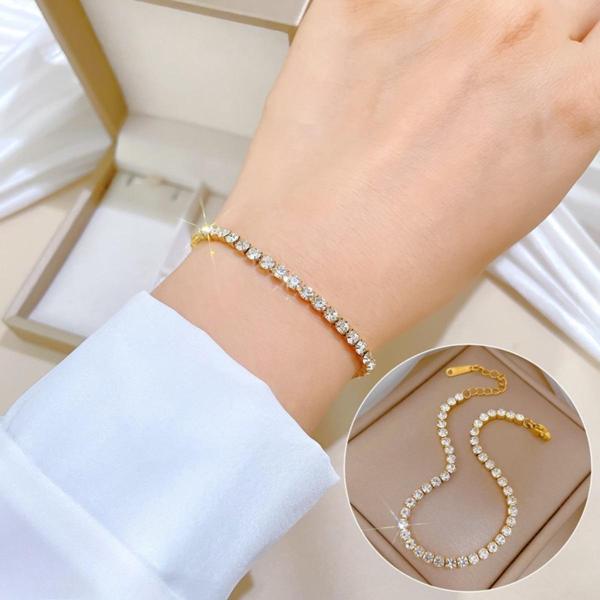 

All Stainless Steel Shiny Zircon Tennis Chain Bracelets for Women Girls Luxury Bangle Hand Accessories Jewelry Gifts for Friends