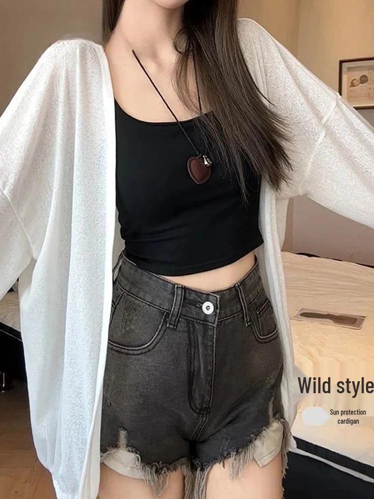 Ice Silk Sun Protection Women's Mid-Length Knit Cardigan - Summer Shawl Loose Jacket