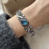 Bracelet Rétro 100% Argent Sterling Massif 925 pour Femmes Géométrique Pierre Bleue Fait Main Scintillant Simple Cadeau d'Anniversaire