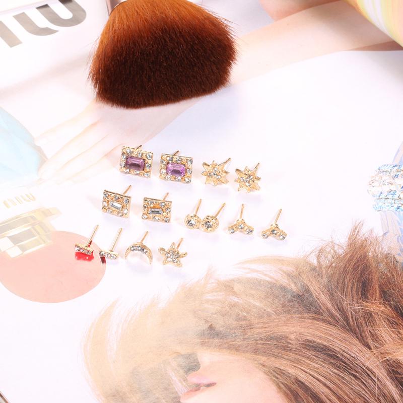 7 Pairs Ear Stud Delicate Artificial Gemstone Inlaid Earrings Love Star Moon Square Shape Elegant