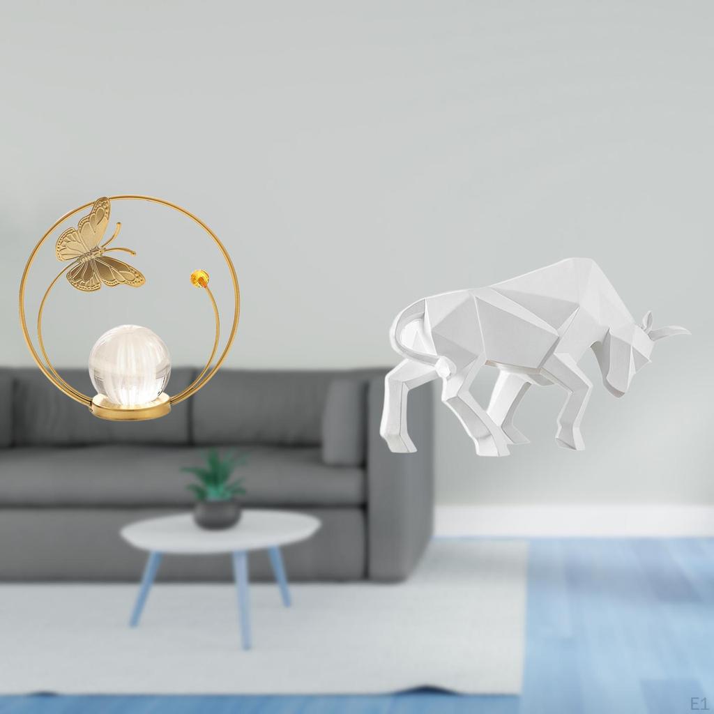 Crystal Ball Bull Sculpture Metal Resin Figurine Desk Ornament Statue Stand for Hallway Fireplace