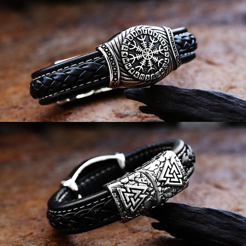 Bracciale runico vichingo da uomo in acciaio inossidabile 316L, stile nordico, con bussola di Odino, ideale come gioiello regalo per motociclisti.