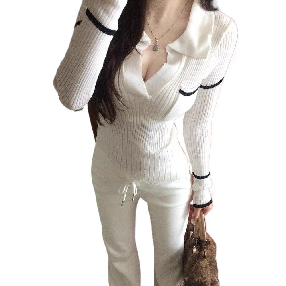 2025 Autumn French Chic White Women's Polo Neck Slim Fit Knit Sweater