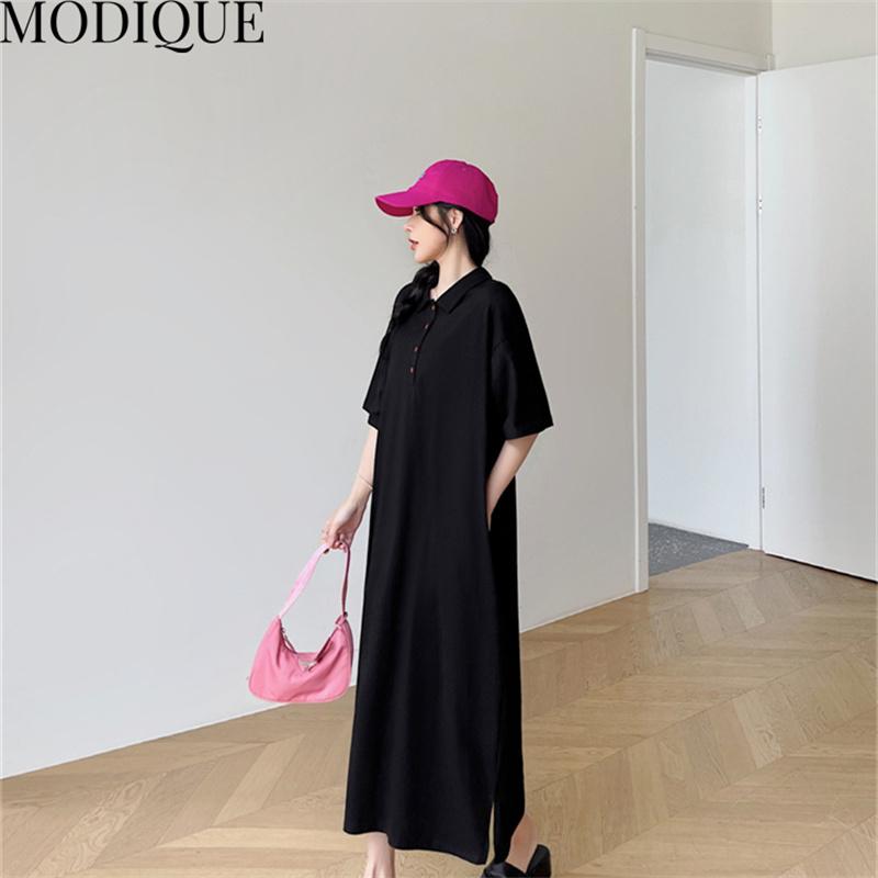 MODIQUE Summer Plus Size New Women Loose A-Line Printing Solid Color Long Dresses Elegant Lady Casual Cotton POLO Short Sleeve Skirt