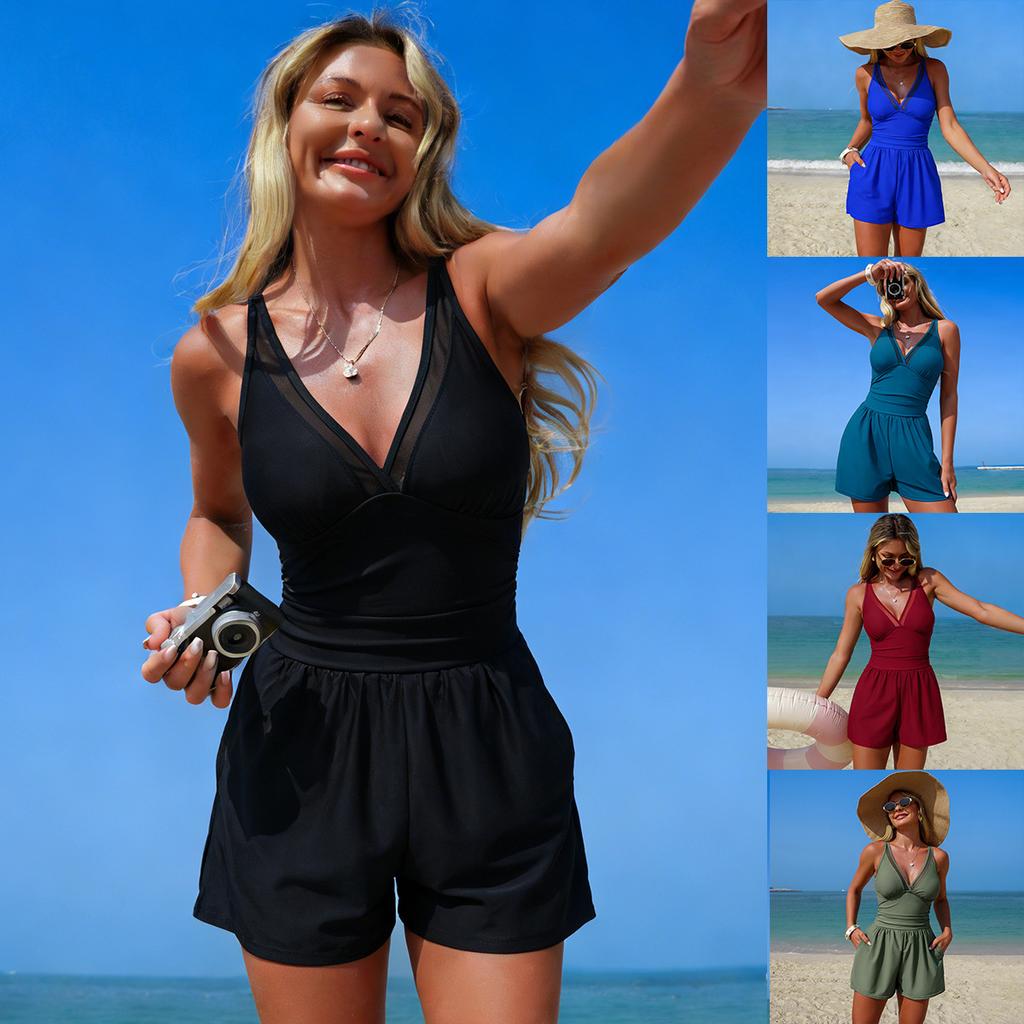 New Women's One-Piece Swimsuit — Solid Color, With Pockets, Sporty & Modest Style 0813 CLE