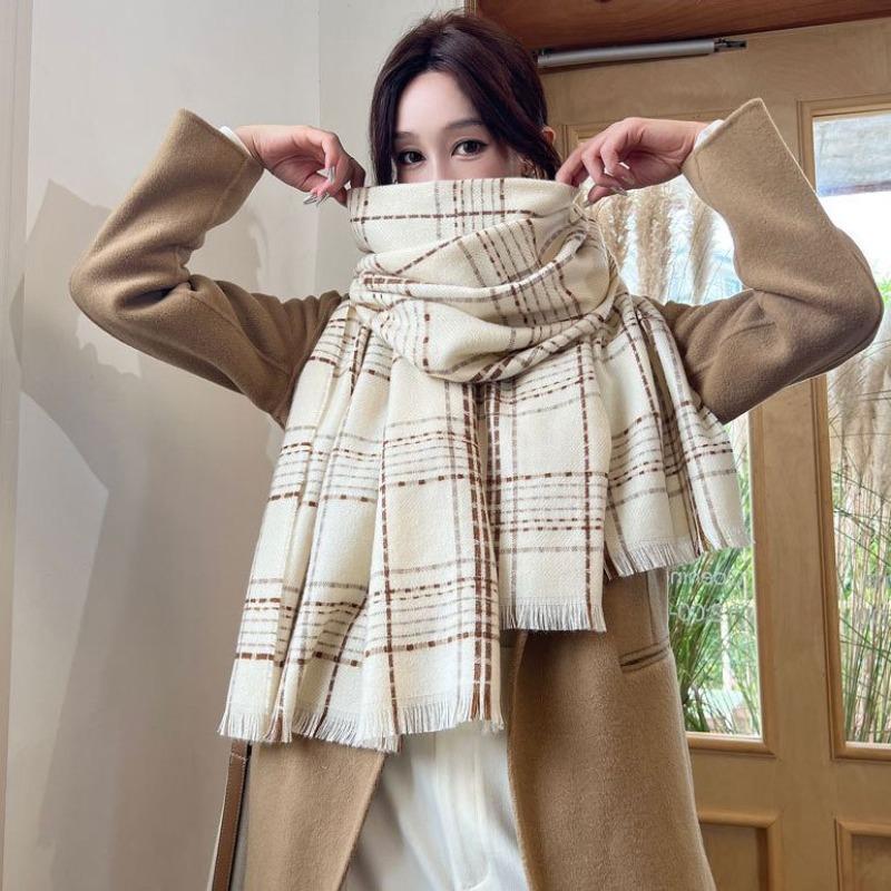 Autumn and winter new wool fine plaid scarf women's high-end sense versatile tassel shawl versatile thickened warm scarf