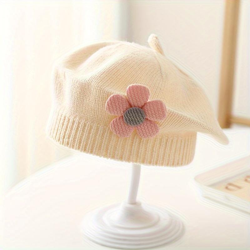 

1pc Stretchy Knitted Beret Hat for 0-2 Years - Soft Warm Winter Hat with Floral Embellishment, Foldable Christmas Holiday Outfit 55