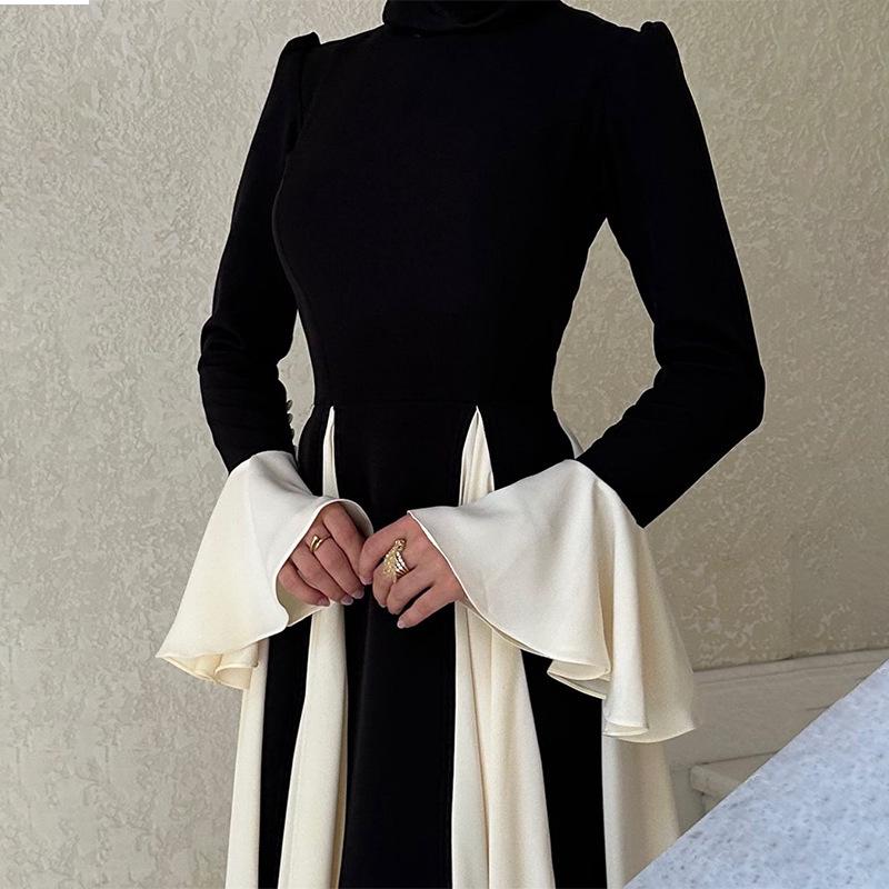 2025 Autumn Black and White Spliced Long Dress: Elegant, Sexy, and Dignified Women's Fashion for the Middle East
