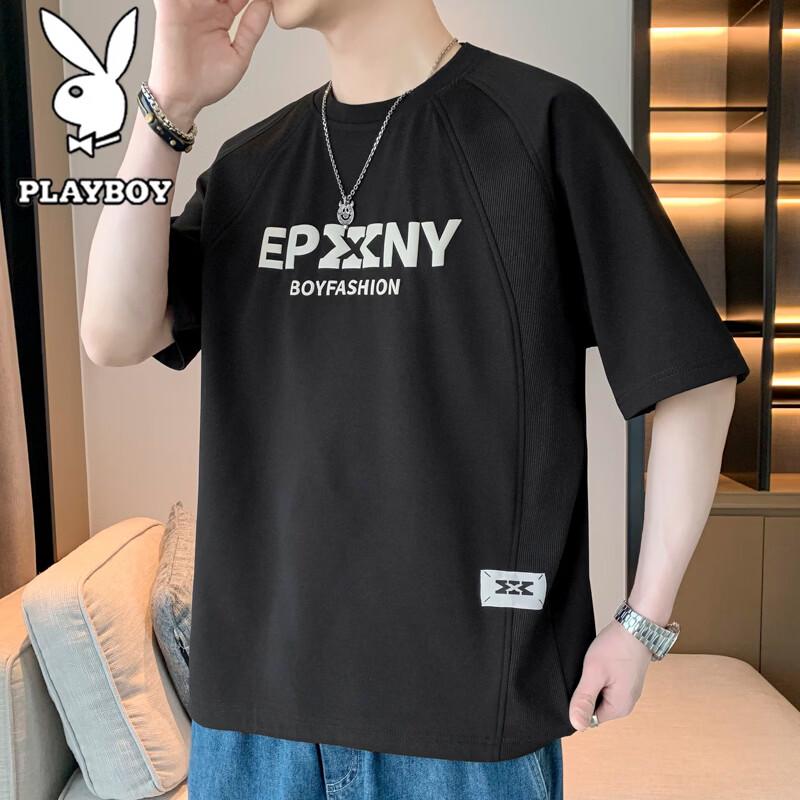 PLAYBOY Men s Summer Print Round Neck Loose T-shirt 4XL