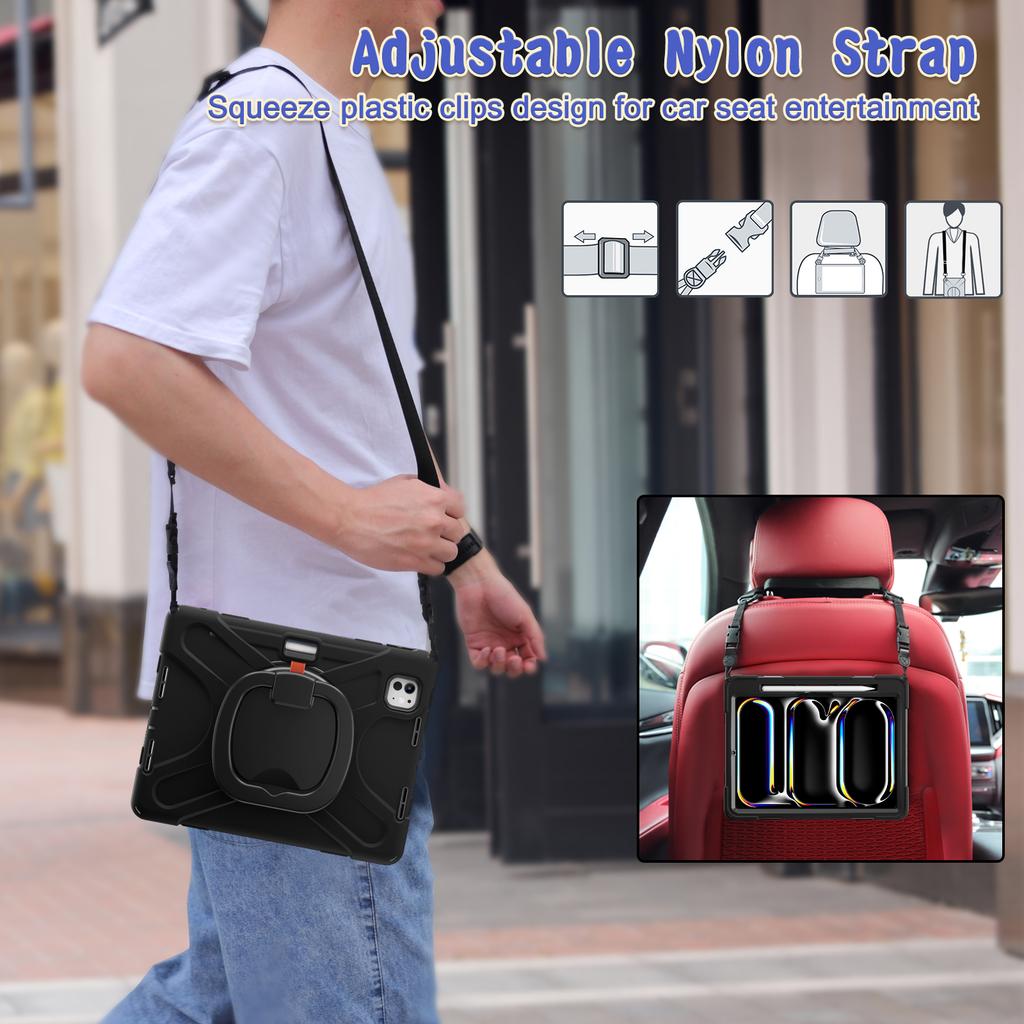 For iPad Pro 11 (2024) Case Kickstand PC+Silicone Tablet Cover with Shoulder Strap