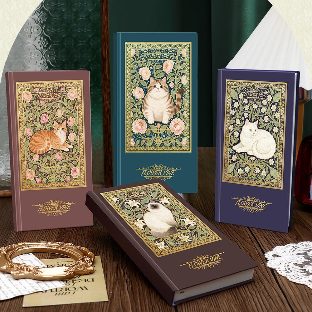Vintage Style Hardcover Notebook with Thickened Horizontal Inner Pages, Portable and Cute Cat Notebook