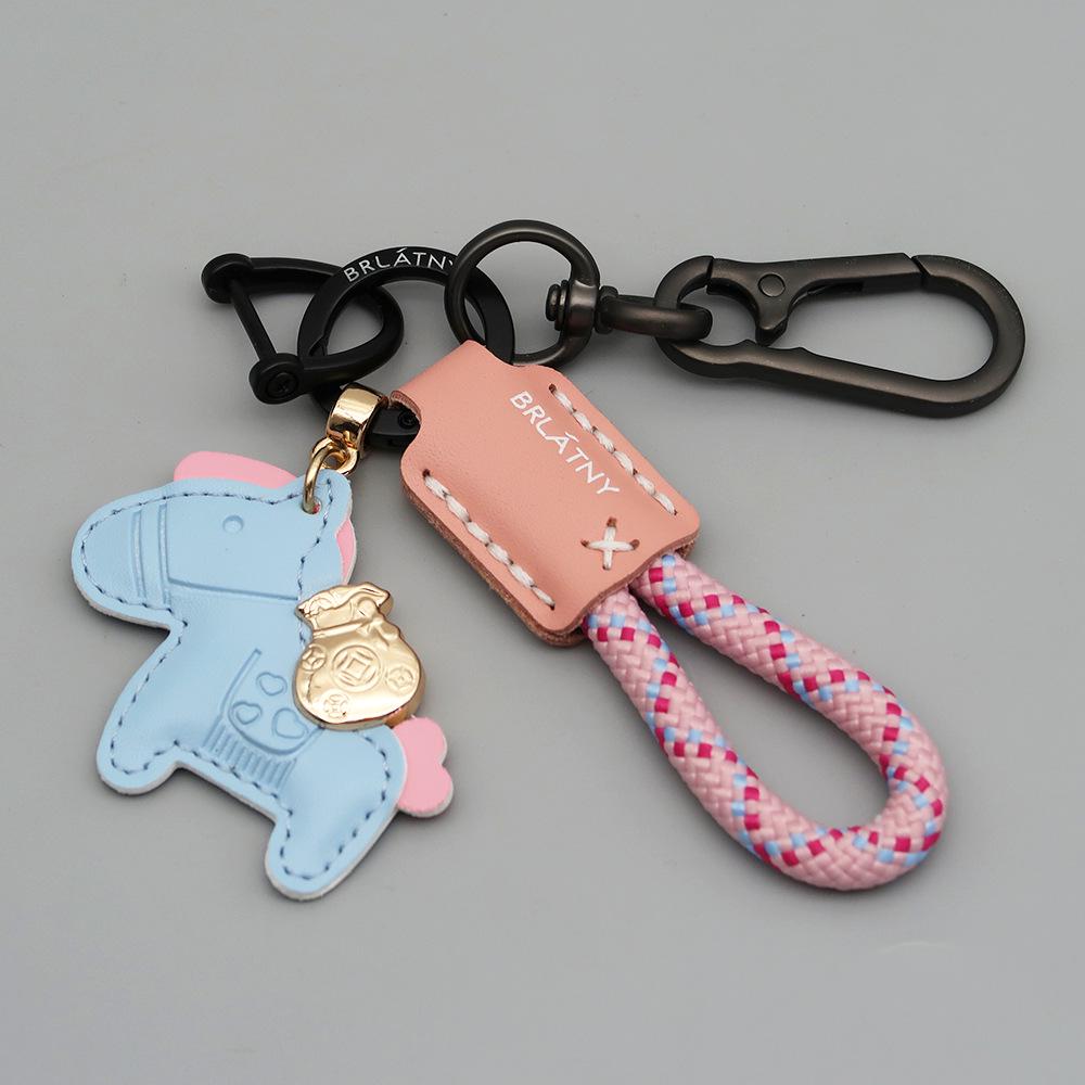 Handmade Genuine Leather Horse Keychain with Anti-Lost Lanyard and Woven Rope.