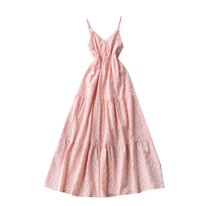 V Neck Silm Long Machine Embroidery Sling Dress