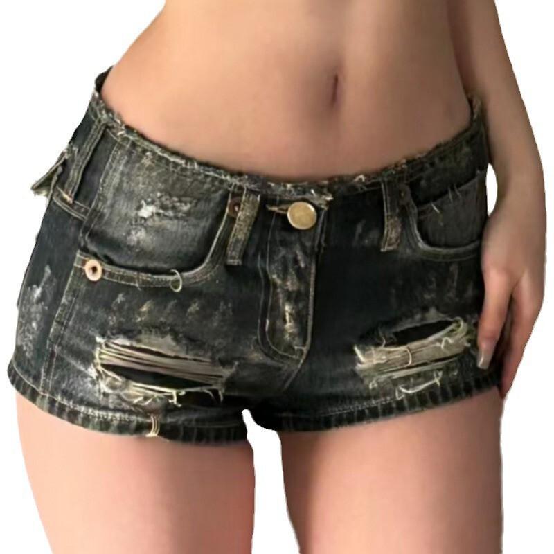 Low Rise Distressed Denim Shorts Women - Slim Fit High Stretch Ripped Mini Jeans Short Pants