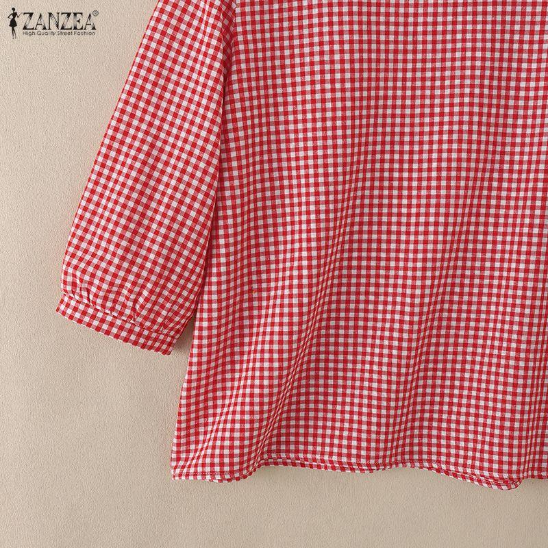 ZANZEA Women Grid Print Casual V-Neck 3/4 Sleeve Blouse