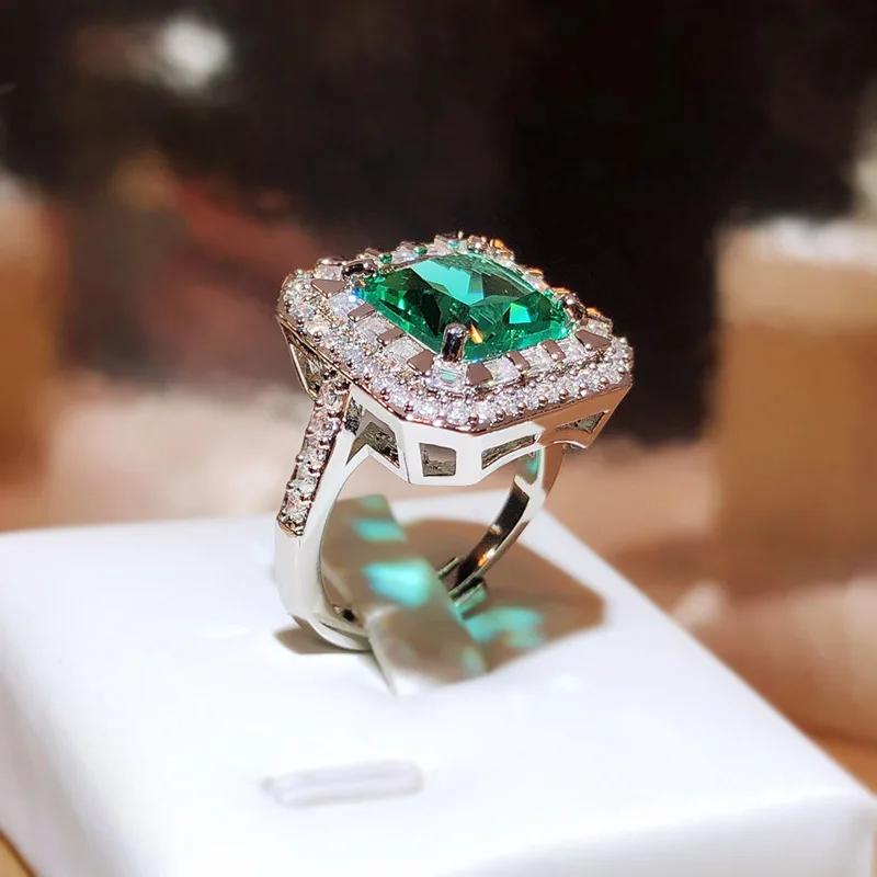 Exquisite Square Zircon Lab Emerald Claw Rings  Sterling Silver For Ladies Fashion Wedding  Party Cocktail Gift