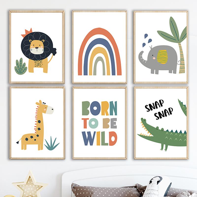 Lion Éléphant Girafe Crocodile Arbre Arc-en-ciel Crèche Art Mural Peinture sur Toile Affiches Et Impressions Images Chambre Bébé Enfants Décor