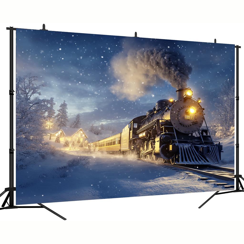 1 Polar Express background banner - Retro steam locomotive in snowy winter, falling snowflakes, Christmas, wedding, birthday