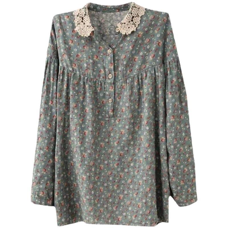Female Spring and Fall Loose Long-sleeved Literary Shirt Floral Lace Edge Blouse