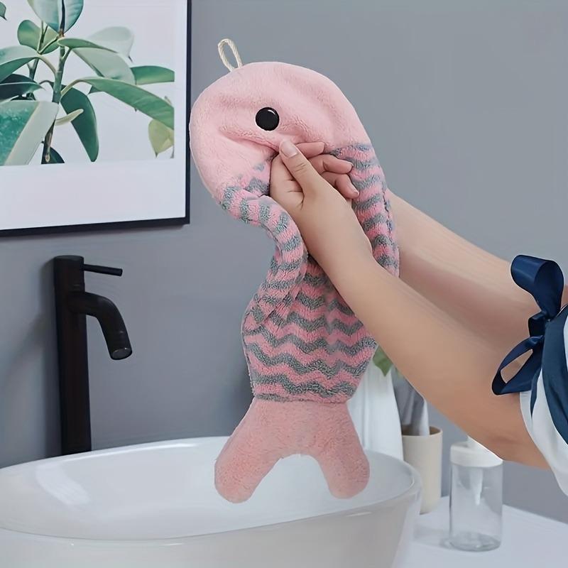 2pcs Cute Fish-Shaped Hand Towels - Soft & Absorbent Coral Fleece, Hanging Design with Striped Patterns, Perfect for Bathroom