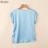 ZANZEA Womens Casual V-Neck Solid Color Drawstring Hem Loose Short Sleeve Blouse