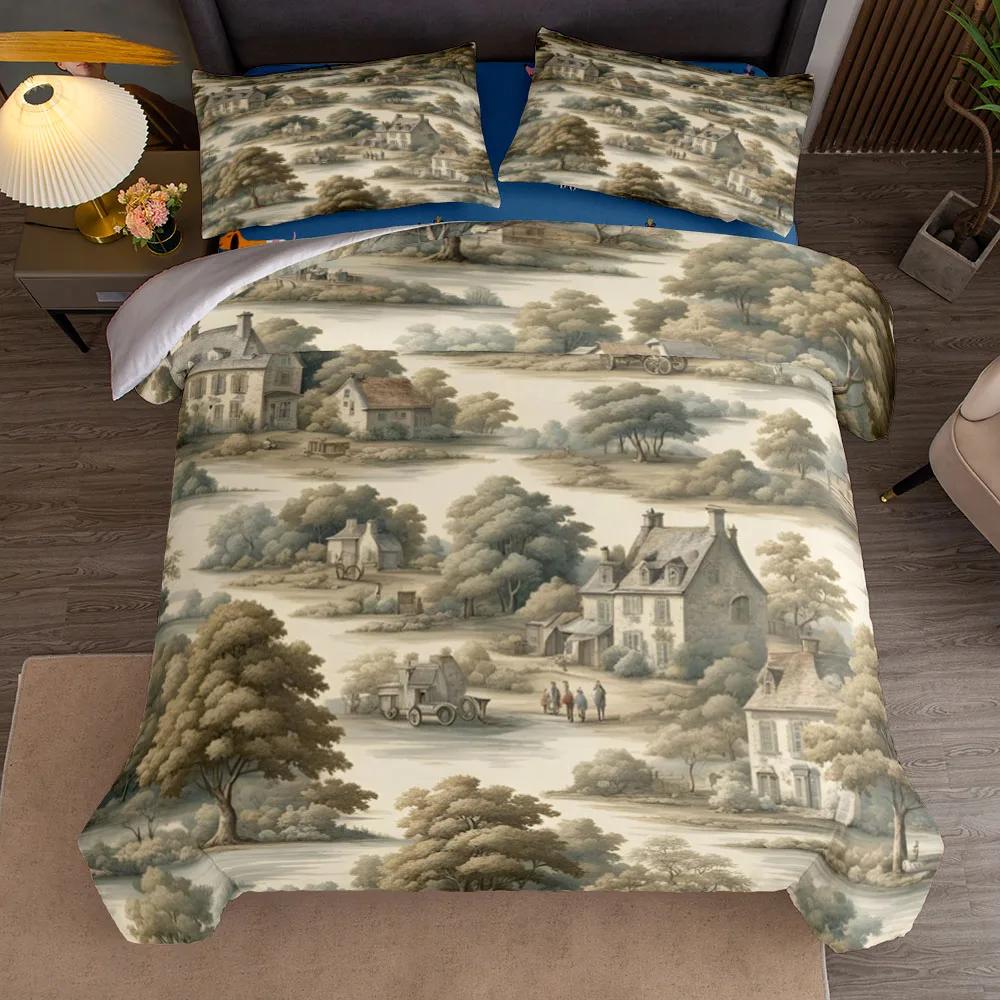 French Rural Toile De Jouy Art Duvet Cover Set Uk Single Double Queen Us Twin Full King Size Among Bed Linen Set