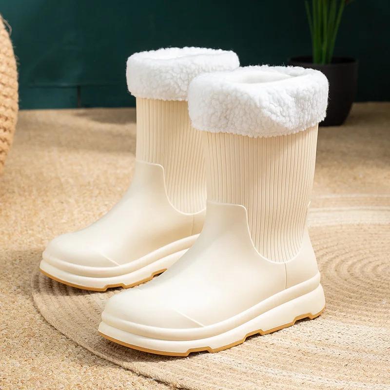 Women Rain Boots Fashion Mid Calf Rubber Boots Waterproof Garden Boots for Women Winter Warm Cotton Rainboots Botas Lluvia Mujer