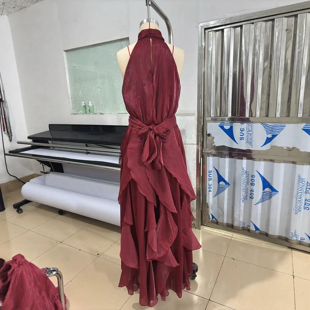 New Women's Clothing Neck Holiday Style Red Bright Silk Ruffle Edge Belt Sleeveless Dress In Stock
