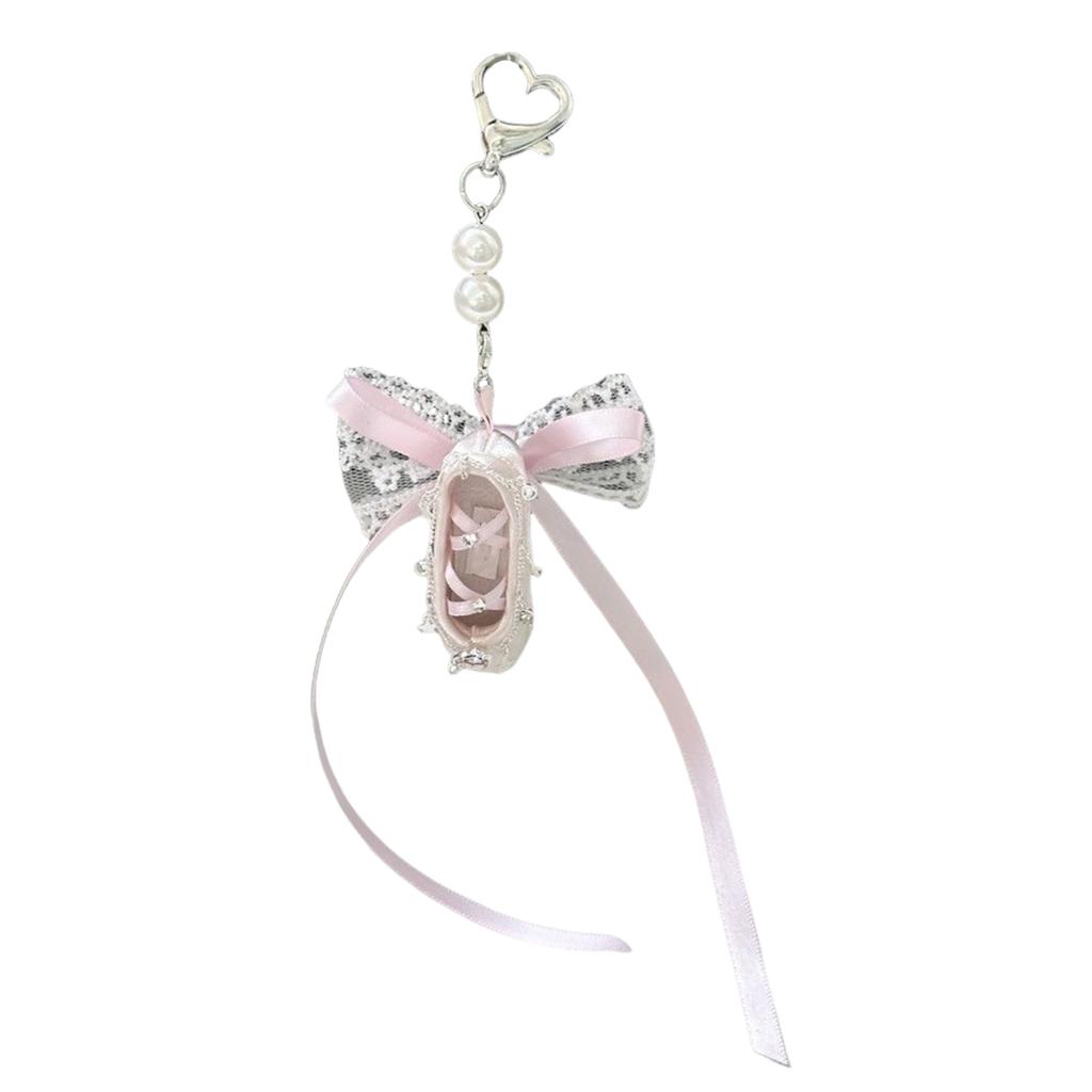 Girls Elegant Ballet Dance Shoe Keychain, Charm Pendnat Fashionable Bag Charm with Pearlescent Bowknot Designs