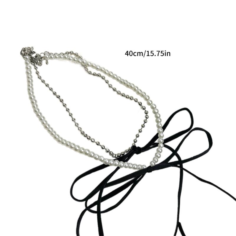 Vintage Bowknot Necklace Elegant Pearl Beaded Double Layer Choker Y2K Aesthetic Clavicle Chain Fashion Summer Neck Chain
