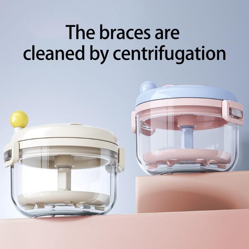 Portable Denture Cleaning Box Featuring Mirror Compartment Hand Cranked Retainer Organizers