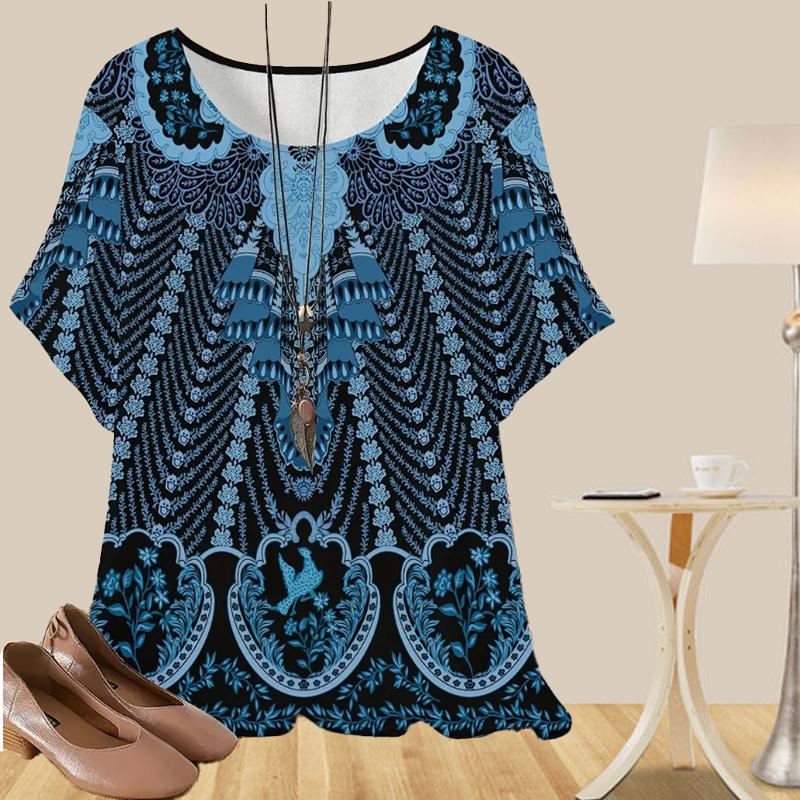 Women's Casual Loose Spring Shirt Women's Short Sleeve 3D Retro Pattern Printed Tops