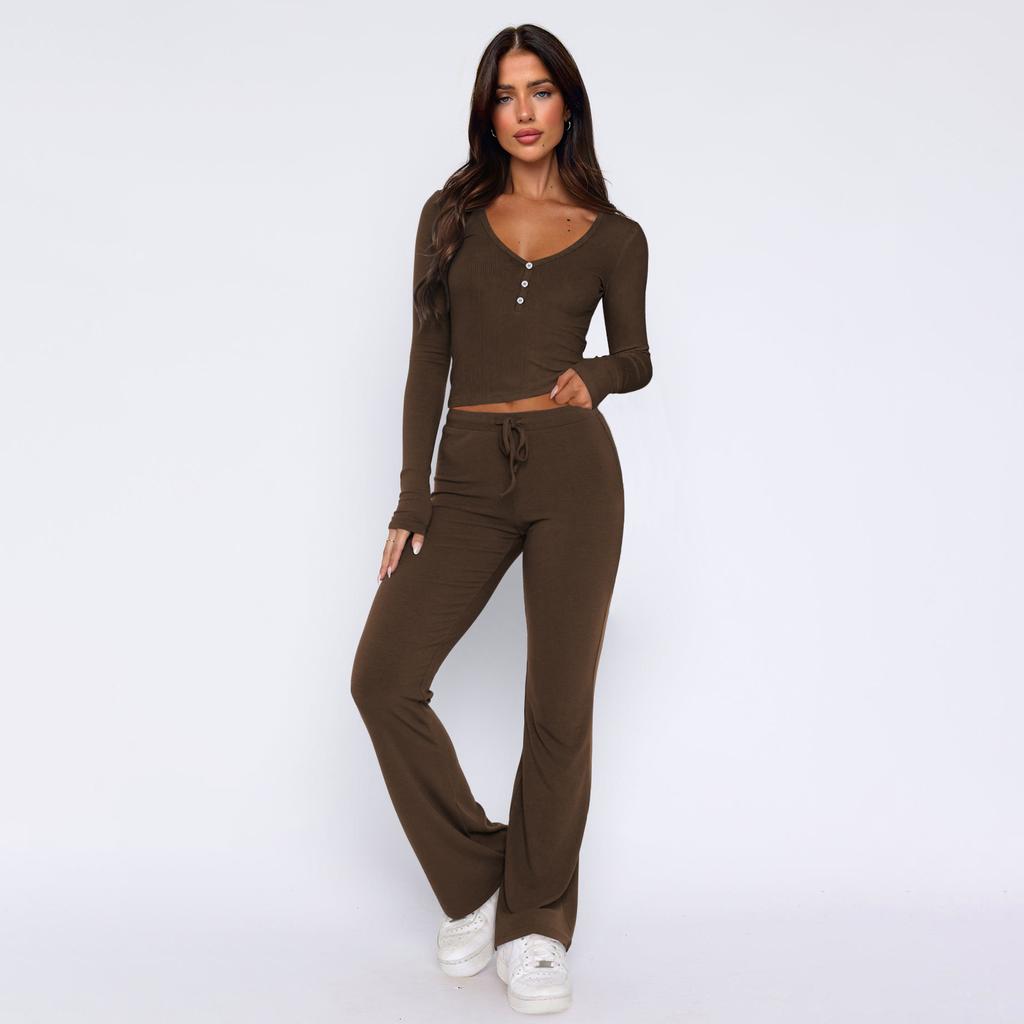 Autumn and Winter Women's Short Slim Button Long Sleeve Top Pants Set