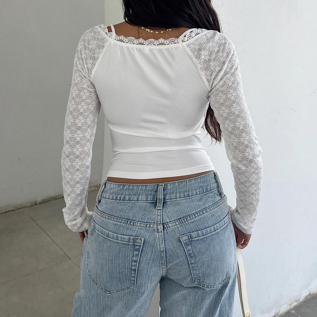 Trendy Spicy Girl Sheer Long-Sleeve Lace Patchwork T-Shirt