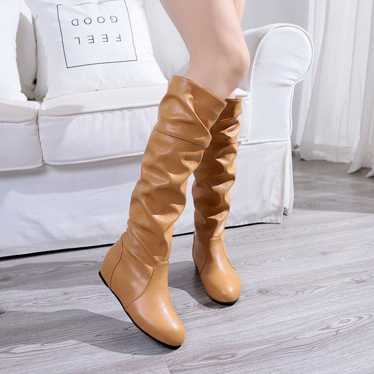 New Women Flat Boots Fashion Pleated Leather Boots Autumn Winter Slip on Mid-Calf Shoes for Women Brand Designer High Boots