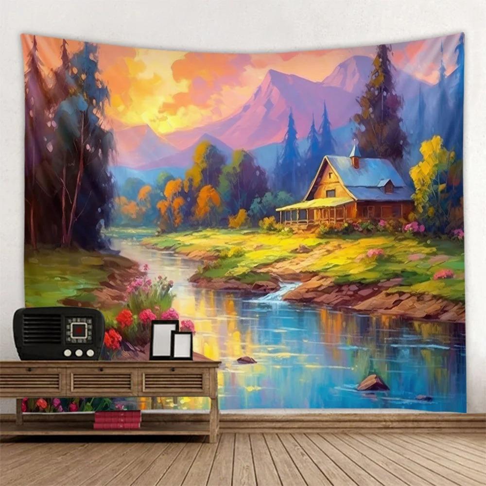 Home Decor Forest Stream Water Wall Hanging Landscape Oil Painting Tapestry Bohemian Art Living Room Bedroom
