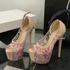 Fashion Liyke Fashion Design Pink Flowers PVC Transparent Women Platform Pumps Sexy Peep Toe 16CM Super High Heels Wedding Banquet Shoes