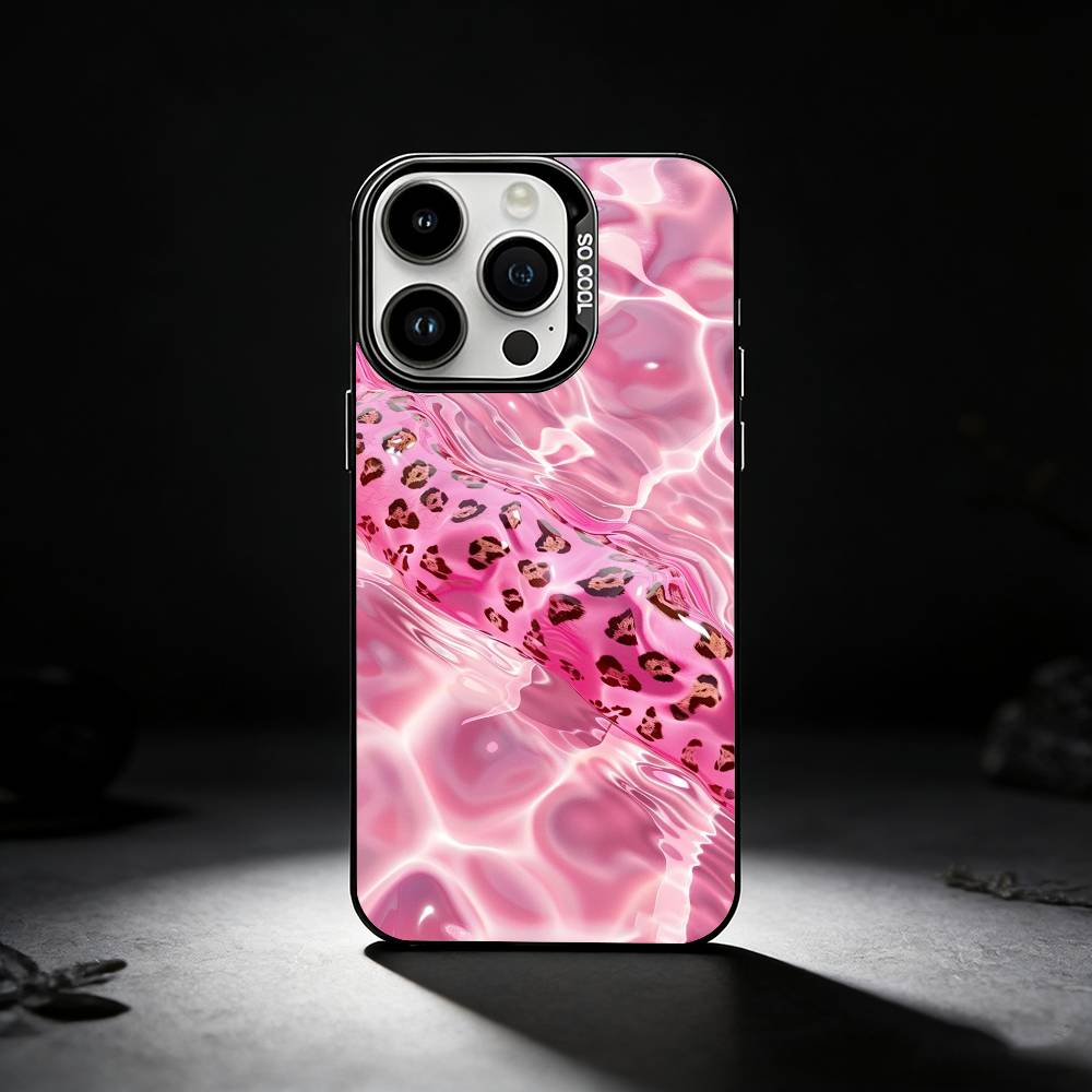 Fashion Pink Leopard Print Phone Case For iPhone 17,16,15,14,13,12,11 Plus,Pro Max,XS,Colored silver phone case