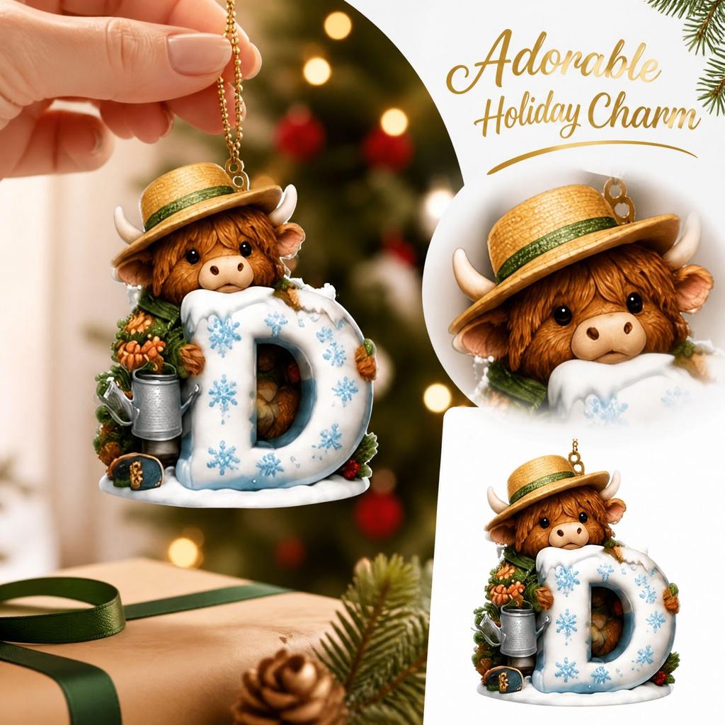 Weihnachts-Kuh-Ornament mit 26 Buchstaben, 2D Acryl Hängedekoration für den Weihnachtsbaum