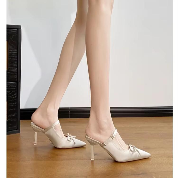 

Leisure Slippers for Women Basic Slides Pointed Toe Thin High Heels Shoes Women Solid Leopard Butterfly Knot Summer Slippers 35 бежевий