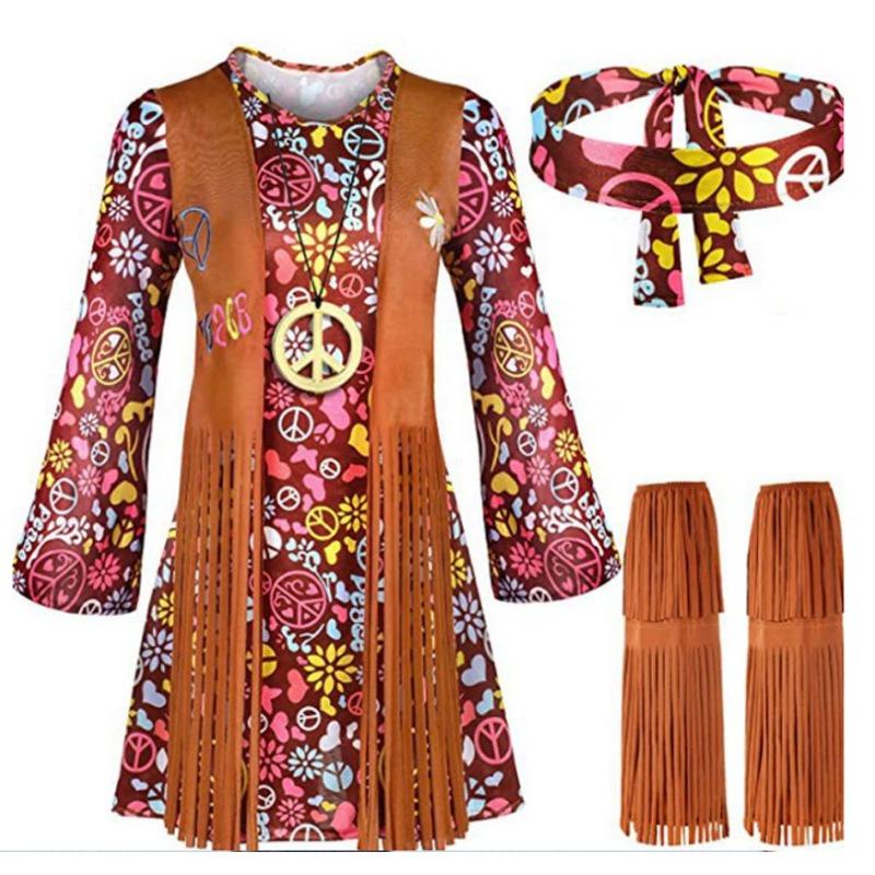 Vintage Damen Fransen Hippie Kostüm Hippie Kostüm Halloween Cos Kostüm Primitiver Stamm Muse