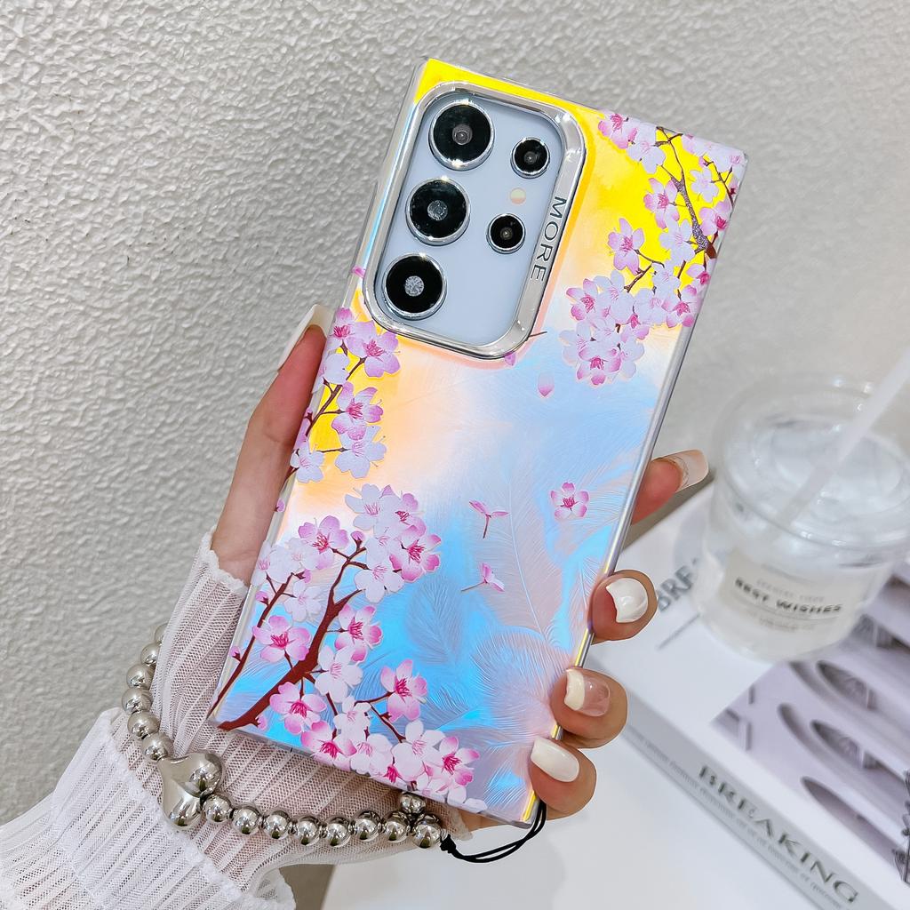 Electroplated Laser Flower S25Ultra Mobile Phone Case Suitable for Samsung A16 Pearl Bracelet S24plus Hard Case