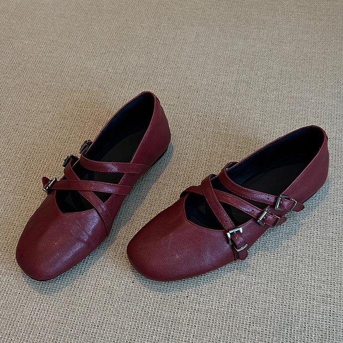 Sheepskin version~ French cross-strapped red Mary Jane shoes flat single shoes women's shallow mouth evening wind fairy ballet shoes