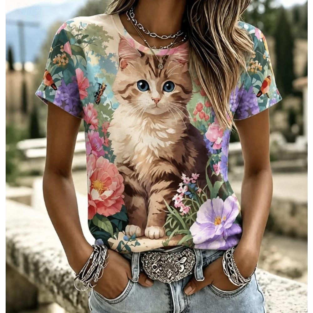 Mode Femme Rétro Créatif Impression Motif Chat T-shirt Drôle Décontracté Col Rond Manches Courtes T-shirt Été Féminin Tee Shirt