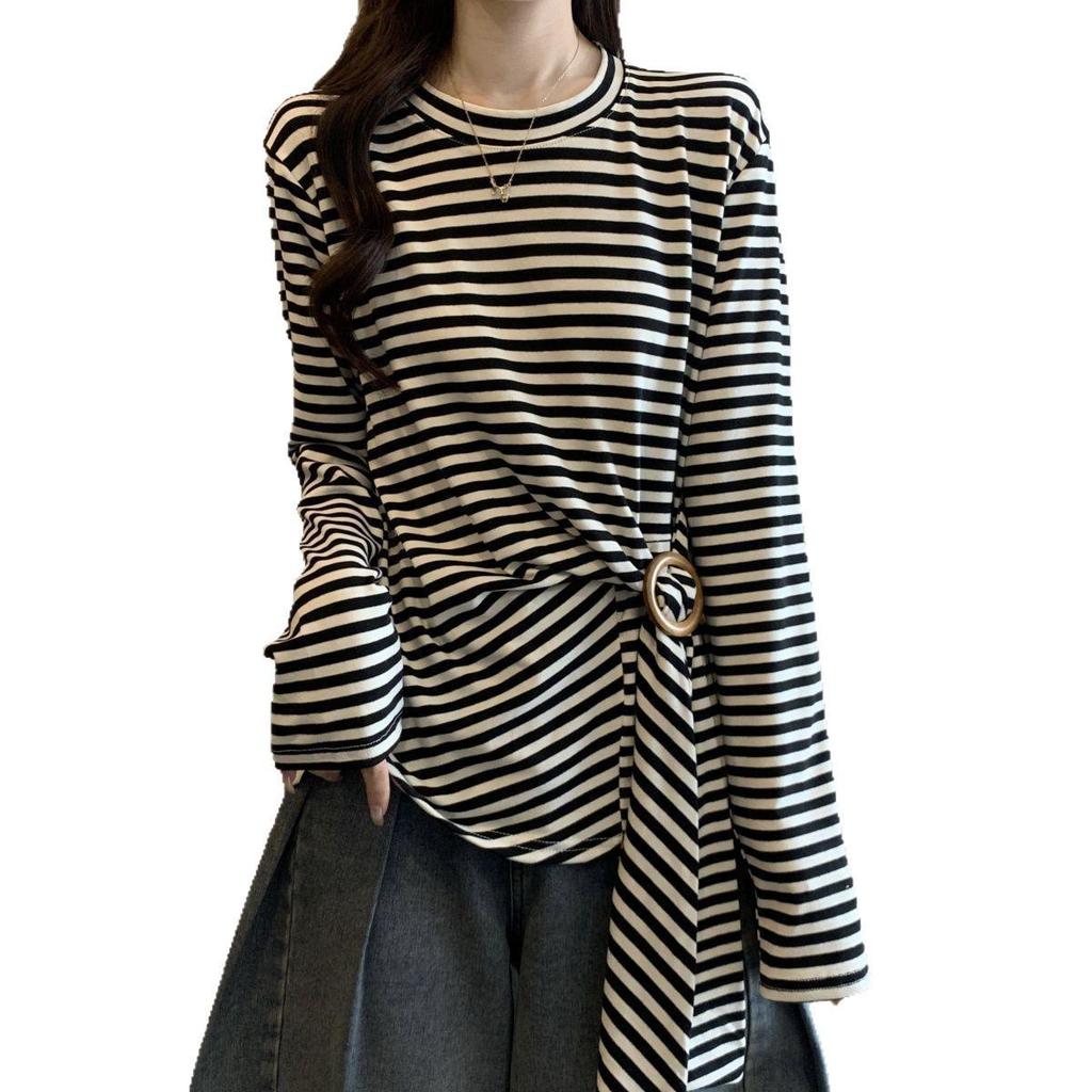 Women's Plus Size Striped Slim Fit Long Sleeve T-shirt: Waist-Cinching, Thinning Design for Spring/Fall.