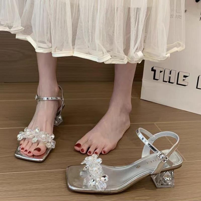 Fashion Women's Summer New High Heel Sandals Crystal Buckles Thick Heel Square Head Style Rubber Bottom Leather Single Shoes
