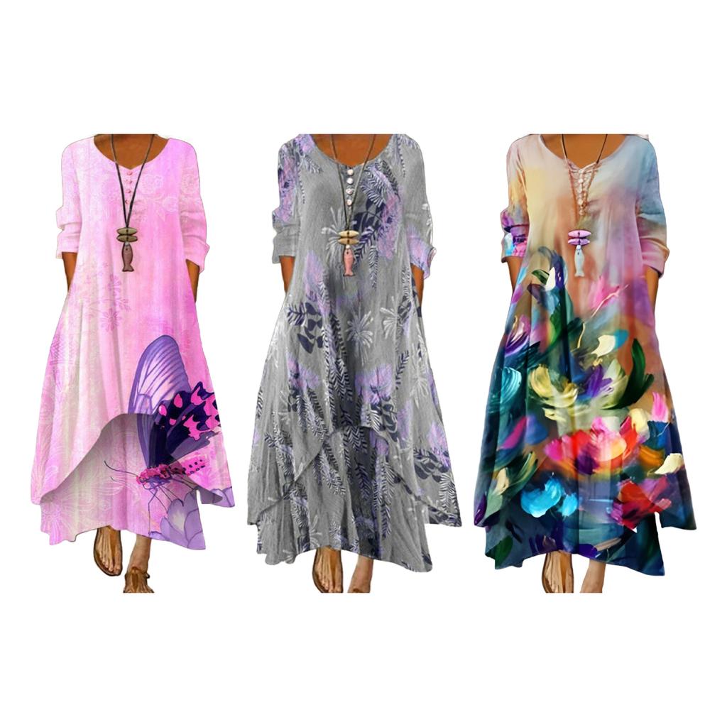 Yousheng Frühling Herbst Kleid mit Taschen Vintage Blumendruck V-Ausschnitt Unregelmäßiger Stufenrock Locker A-Linie Maxi Kleid für Alltag Arbeit Party