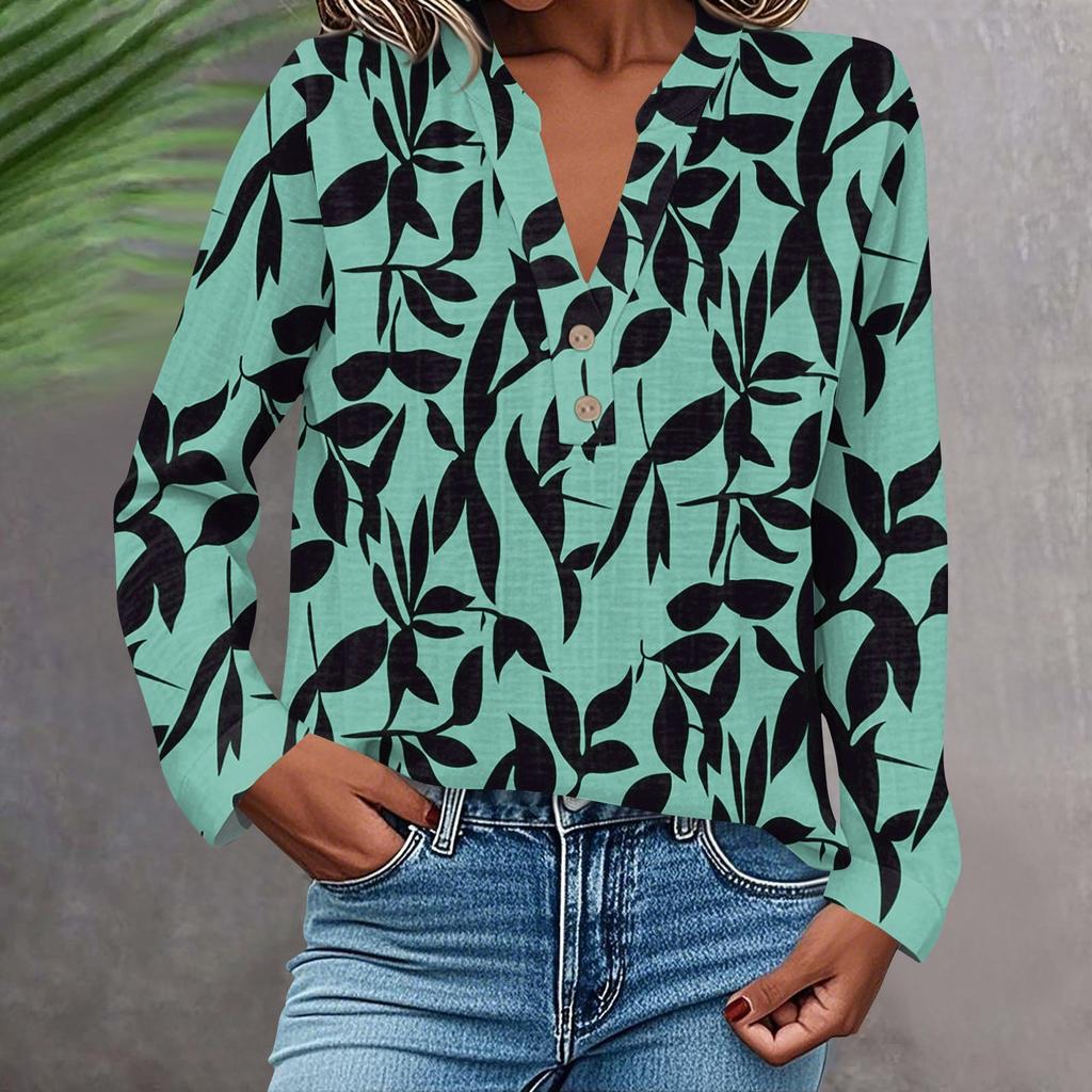 Camisa de Moda y Casual para Mujer Manga Larga Cuello en V Botones Estampada Blusa Top